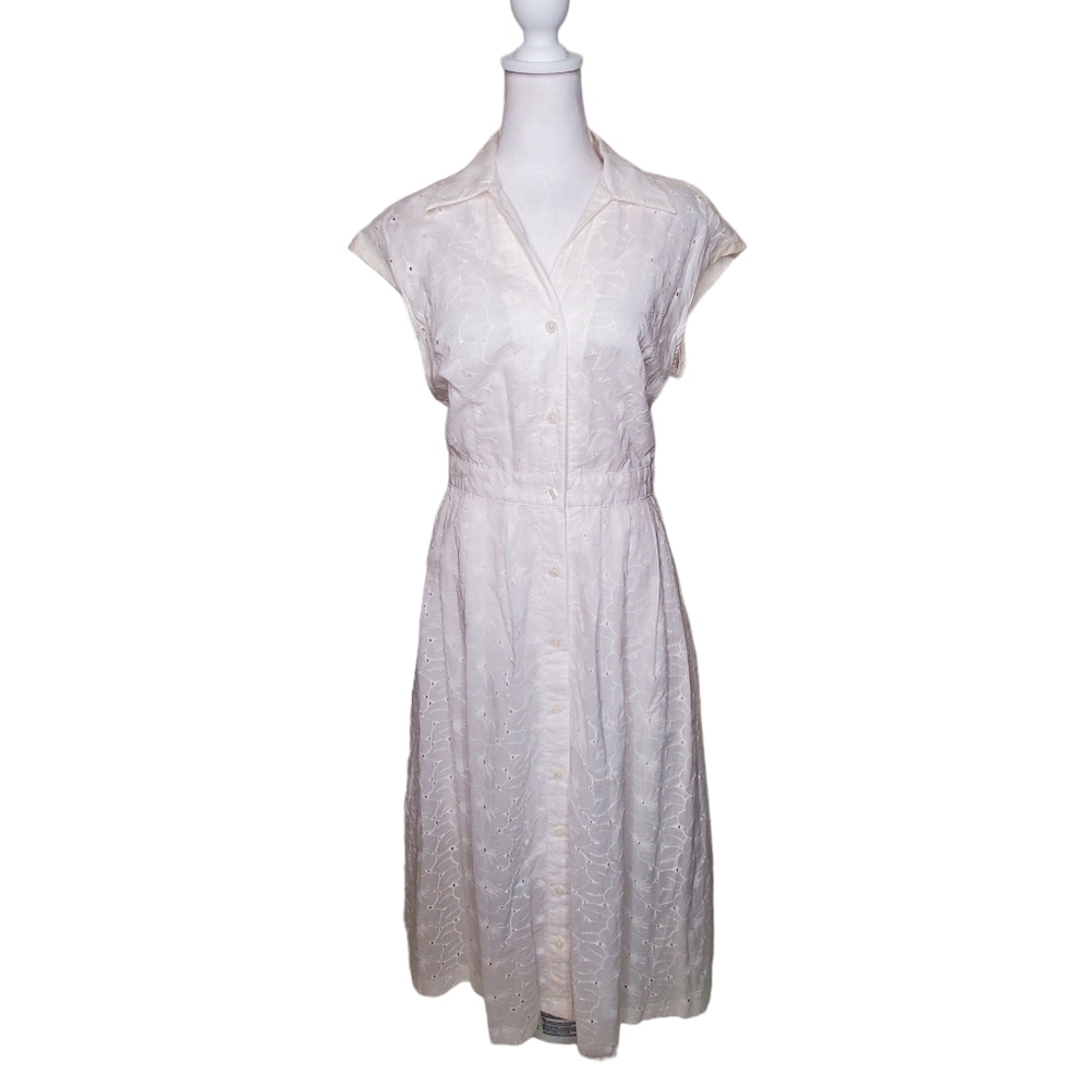 Vintage Y2k Shirt Dress, White Eyelet Lace Cap Sleeves Midi Sz 14P Cottagecore - Picture 2 of 12